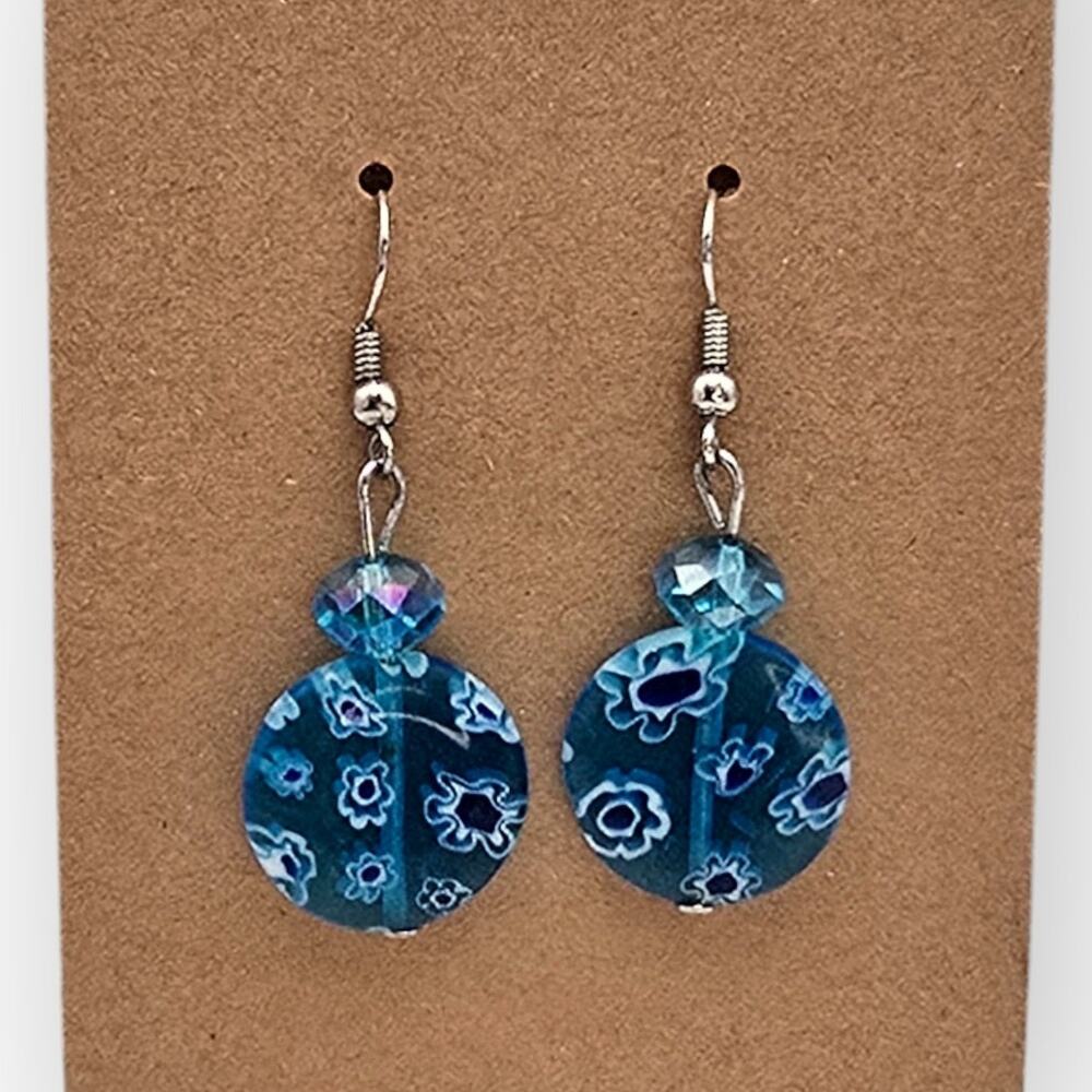 Blue Patterned Glass Disc Drop Earrings – Millefiori Style – Coastal Romance